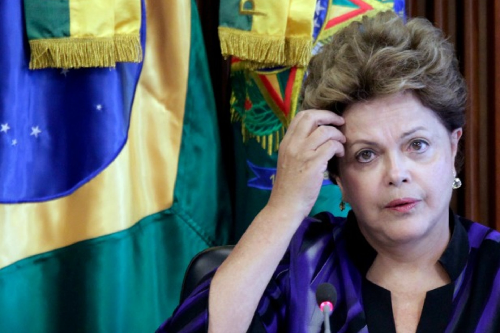 <p>Brazil’s President Dilma Rousseff reacts during a meeting of the National Council for Scientific and Technological Development at the Planalto Palace in Brasilia on February 6, 2013. (Ueslei Marcelino/Courtesy Reuters)</p>