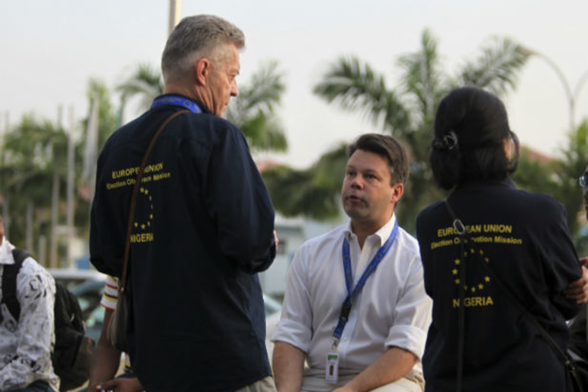 European Union elections observers talk after their arrival ahead of polls in Abuja 19/03/2011.