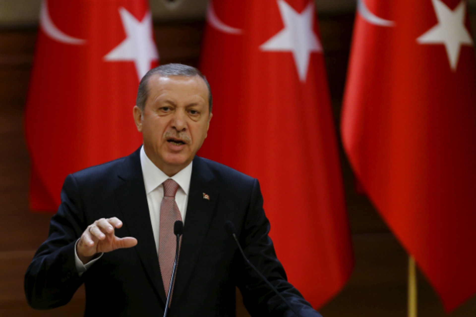 <p>Turkish President Tayyip Erdogan makes a speech during his meeting with mukhtars at the Presidential Palace in Ankara, Turkey, November 26, 2015 (Umit Bektas/Reuters).</p>