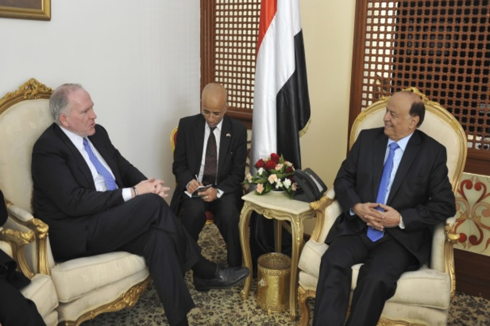 <p>Yemen’s President Hadi meets with the top U.S. counterterrorism adviser, John Brennan, in Sanaa, Ymen, on May 13, 2012 (Courtesy Reuters/Handout).</p>
