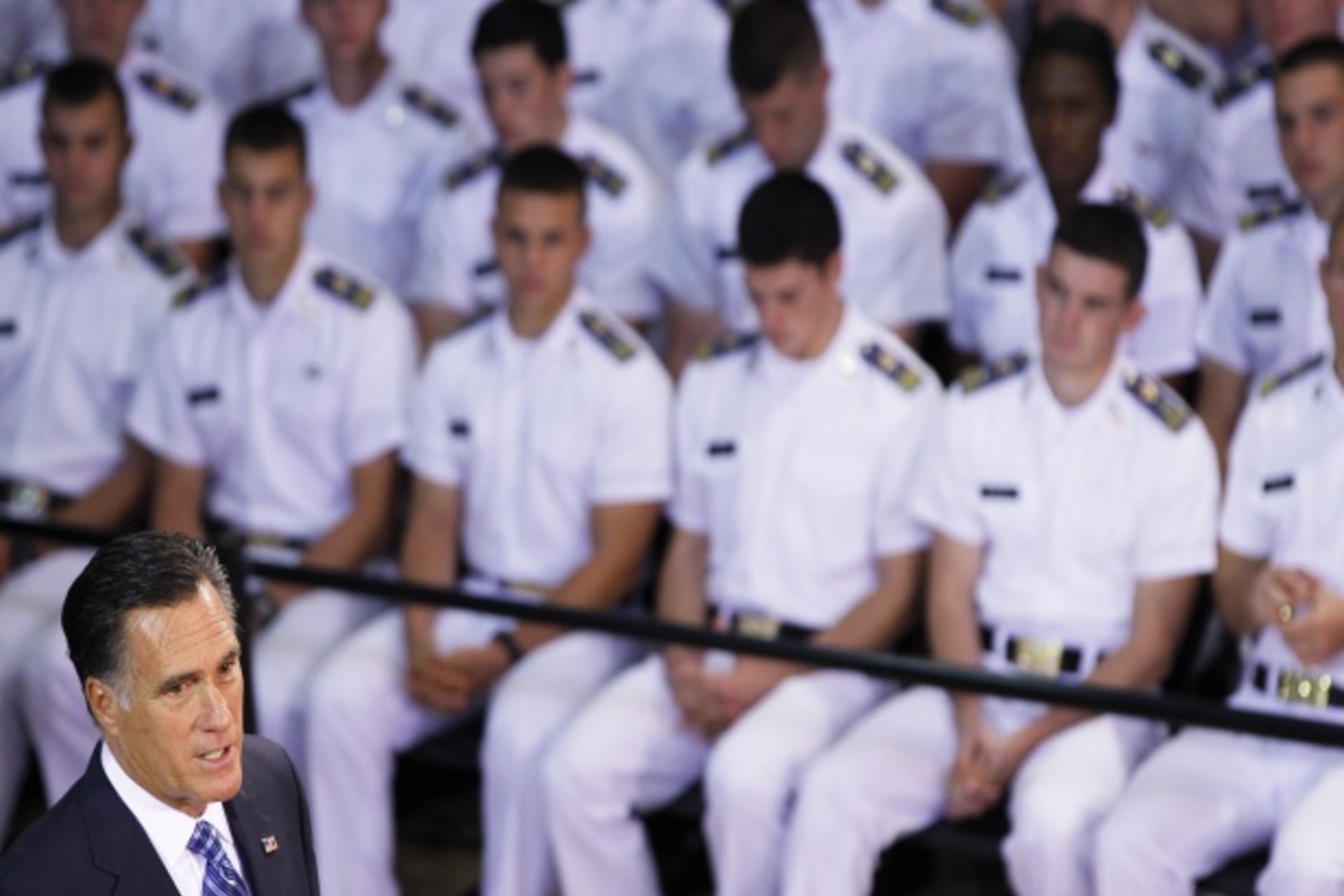 <p>Republican presidential nominee Mitt Romney delivers his foreign policy speech at the Virginia Military Institute in Lexington on October 8, 2012 (Shannon Stapleton/Courtesy Reuters).</p>
