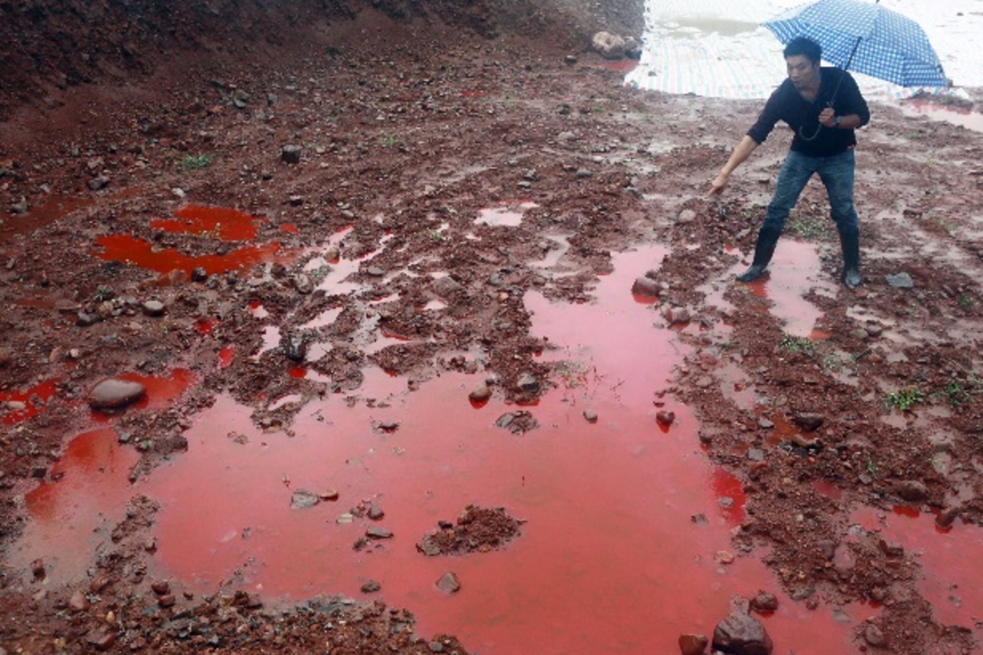 <p>A man points to water and soil which turned red after being contaminated by industrial waste from a closed dye factory, amid h…r an explosion which caused dye leakage and polluted the underground water. Picture taken September 15, 2014. REUTERS/Stringer</p>

