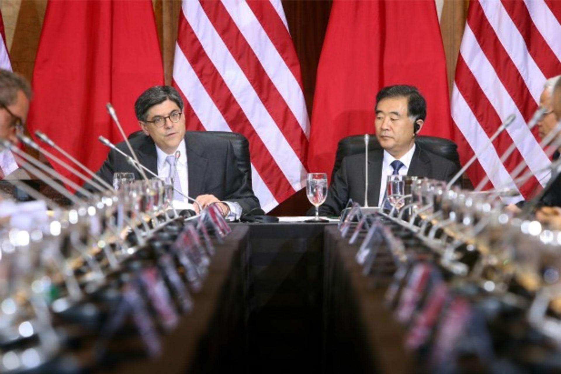 <p>U.S. Treasury Secretary Jacob Lew (L) delivers remarks with China’s Vice Premier Wang Yang at the U.S.-China Strategic and Economic Dialogue at the Treasury Department in Washington on July 10, 2013.</p>
