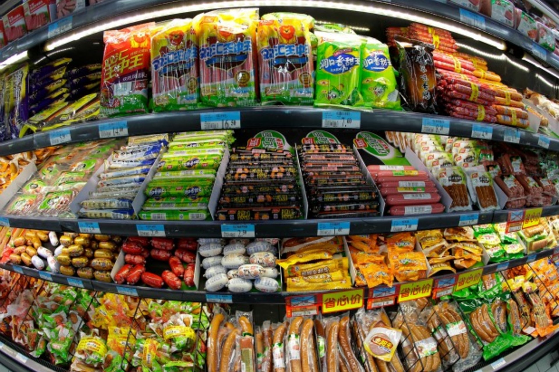 <p>Meat products of Shuanghui (Shineway) Group are seen on display on a shelf at a supermarket in Wuhan, Hubei province on May 31, 2013.</p>