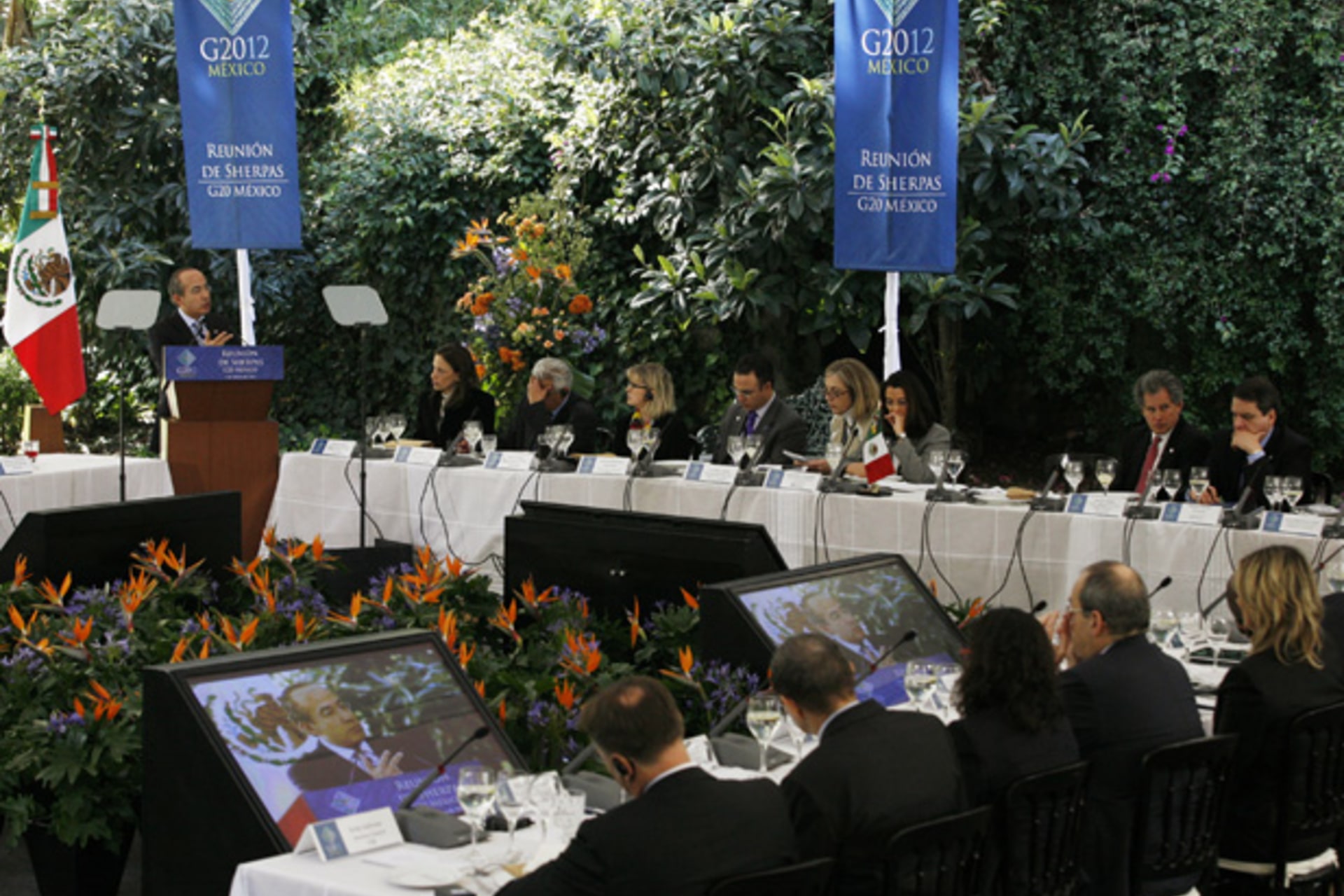 Mexican President Felipe Calderon speaks to members of the G20 during a G20 Sherpas' meeting at Los Pinos Presidential Palace in Mexico City