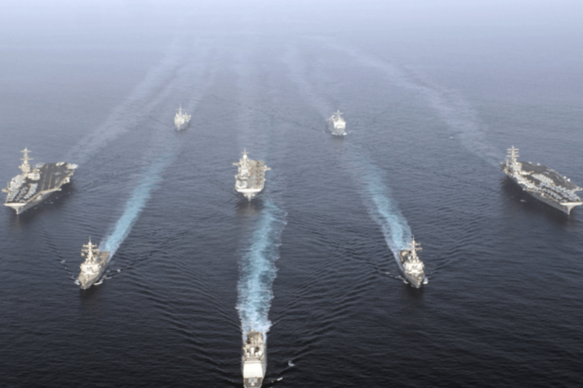 <p>U.S. warships carrying 17,000 personnel enter the Gulf in a show of force off Iran’s coast. (U.S. Fifth Fleet handout/courtesy Reuters)</p>
