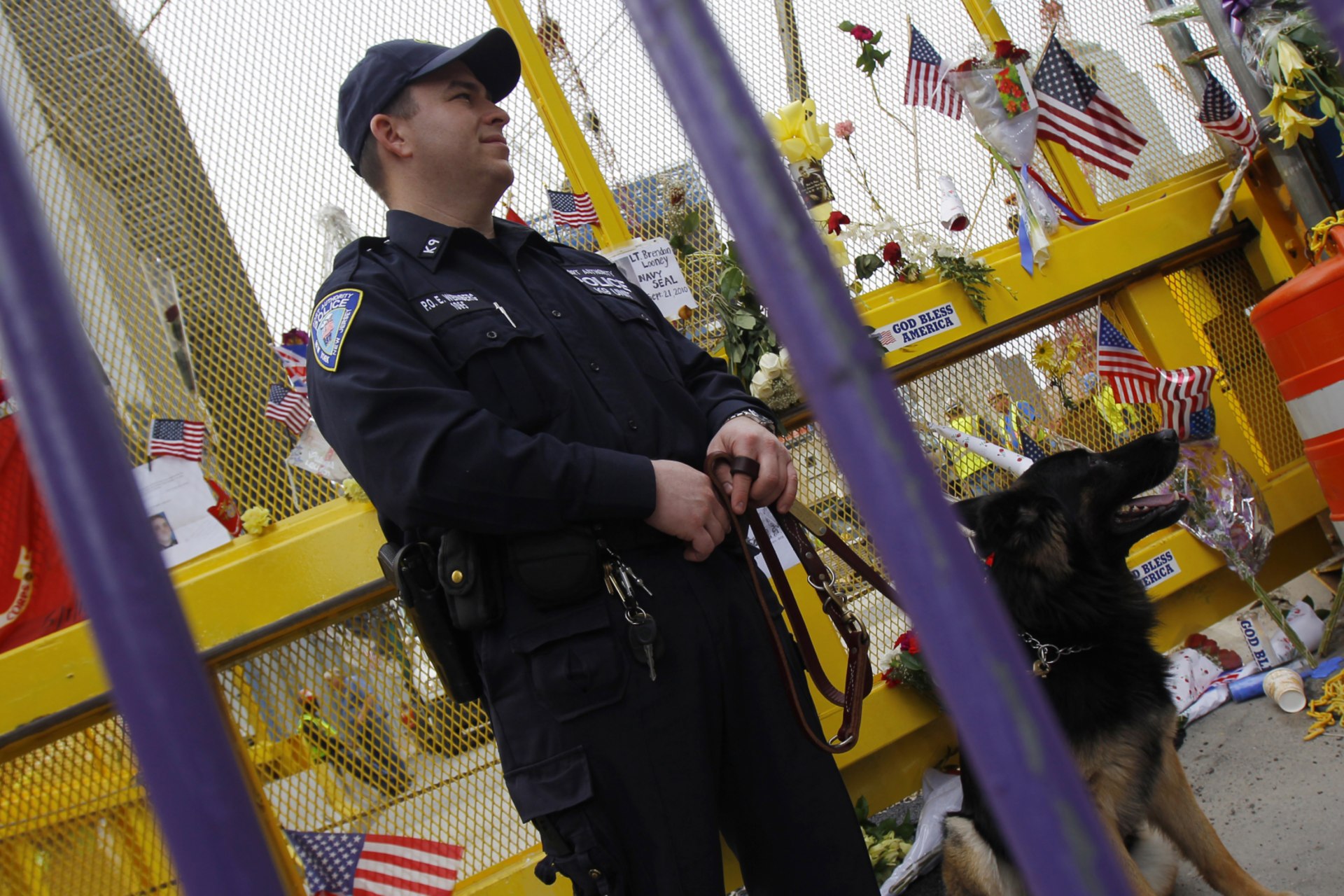 <p>A Port Authority Police officer and dog stand guard at the World Trade Center site in New York, May 3, 2011.</p>
