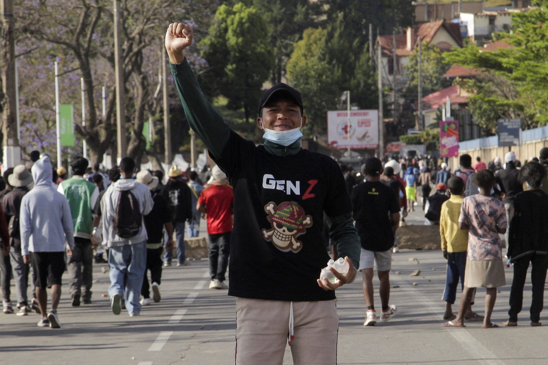 <p>A person gestures during a nationwide youth-led protest against frequent power outages and water shortages, in Antananarivo, Madagascar on October 4, 2025. </p>