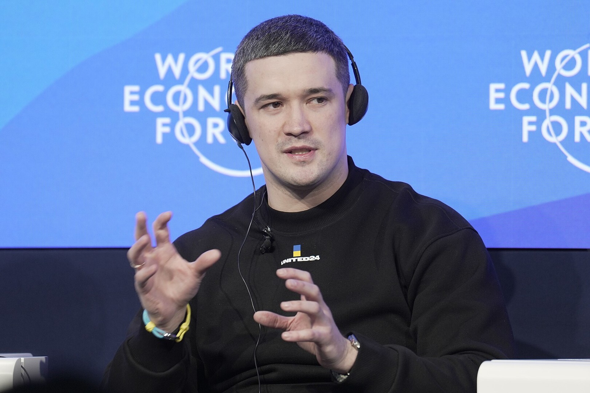 <p>Ukrainian Vice Prime Minister and Minister of Digital Transformation Mykhailo Fedorov speaks at the World Economic Forum in Davos, 19 January, 2023. </p>