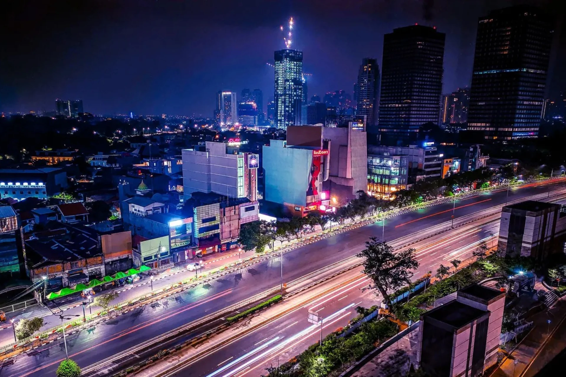 City skyline at night.