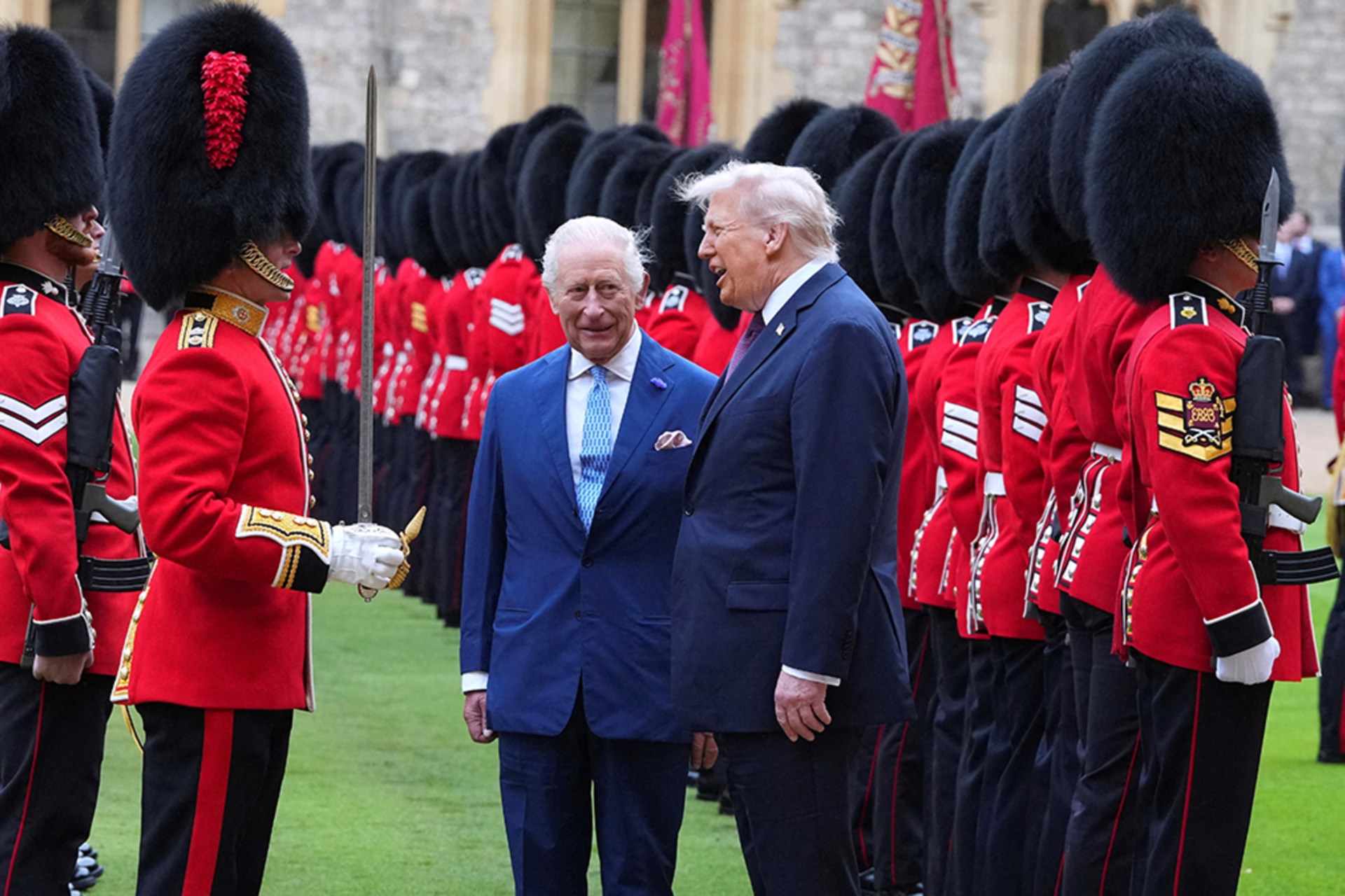 <p>U.S. President Donald Trump and Britain’s King Charles review the Guard of Honour after the arrival at Windsor Castle, on day one of the president’s second state visit to the country, Windsor, Britain, September 17, 2025</p>
