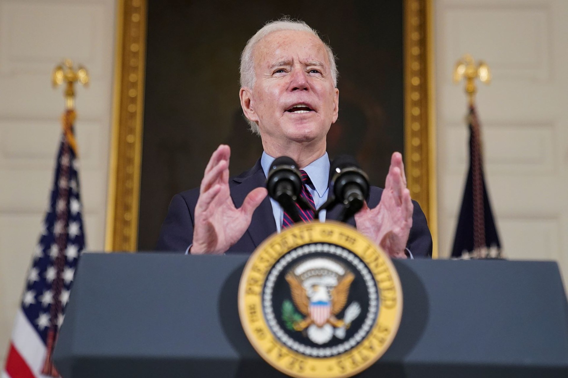 <p>U.S. President Joe Biden delivers remarks in the State Dining Room at the White House in Washington, U.S., on February 5, 2021. </p>