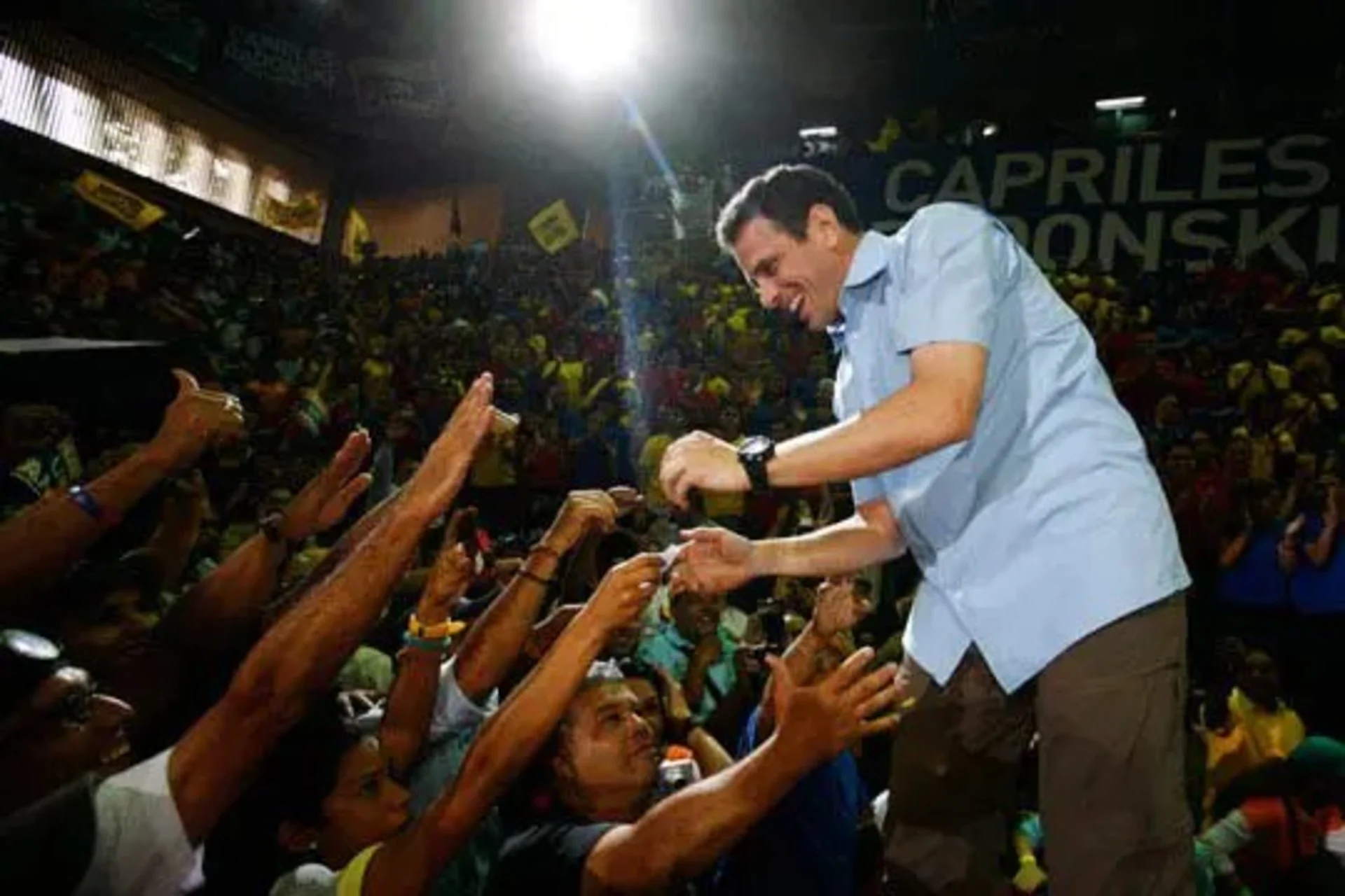 Henrique Capriles Radonski greets supporters during the launch of his 2012 presidential campaign in Caracas.