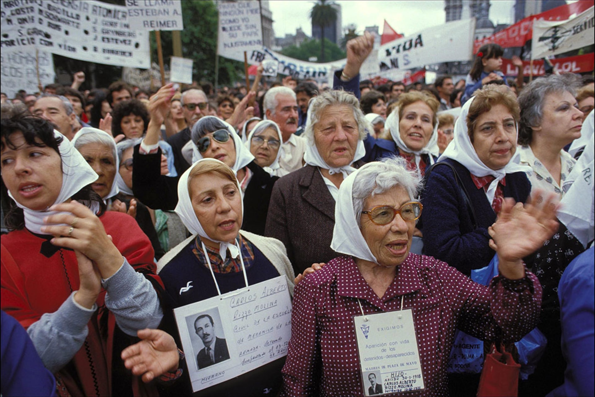 Family members of victims of the Dirty War protest during the Trial of the Juntas in Buenos Aires.