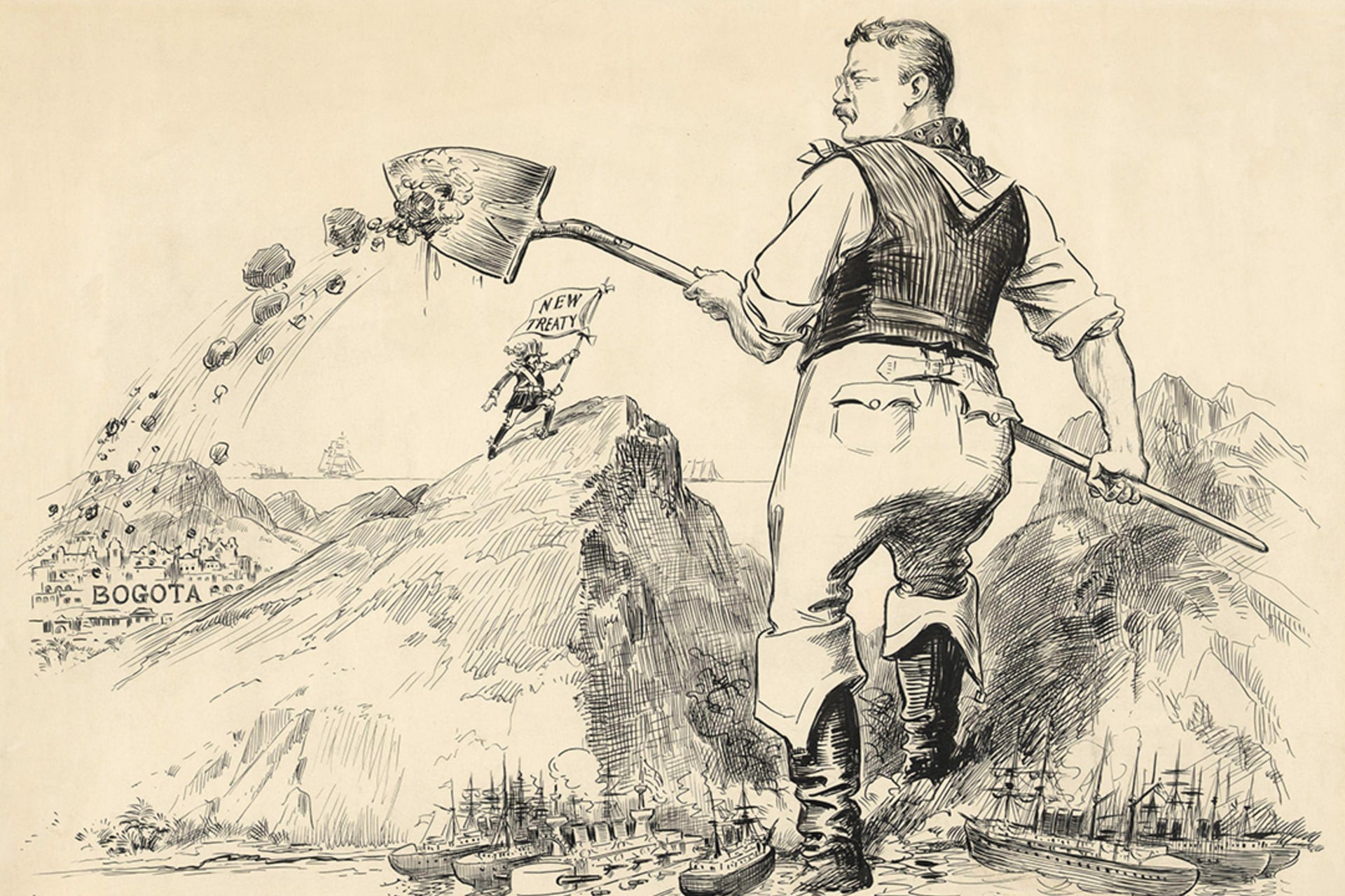 A 1903 cartoon depicts the United States’ construction of the Panama Canal, led by President Theodore Roosevelt. Everett Collection Historical/Alamy Stock Photo