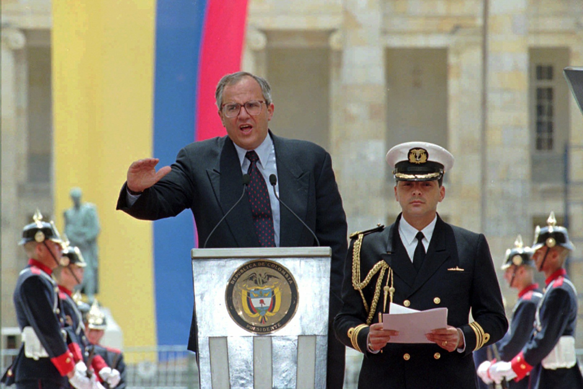 President Ernesto Samper unveils legislation to increase prison terms for drug traffickers in February 1997, a year after the United States decertified Colombia as a partner in the war on drugs. Fernando Llano/AP Images