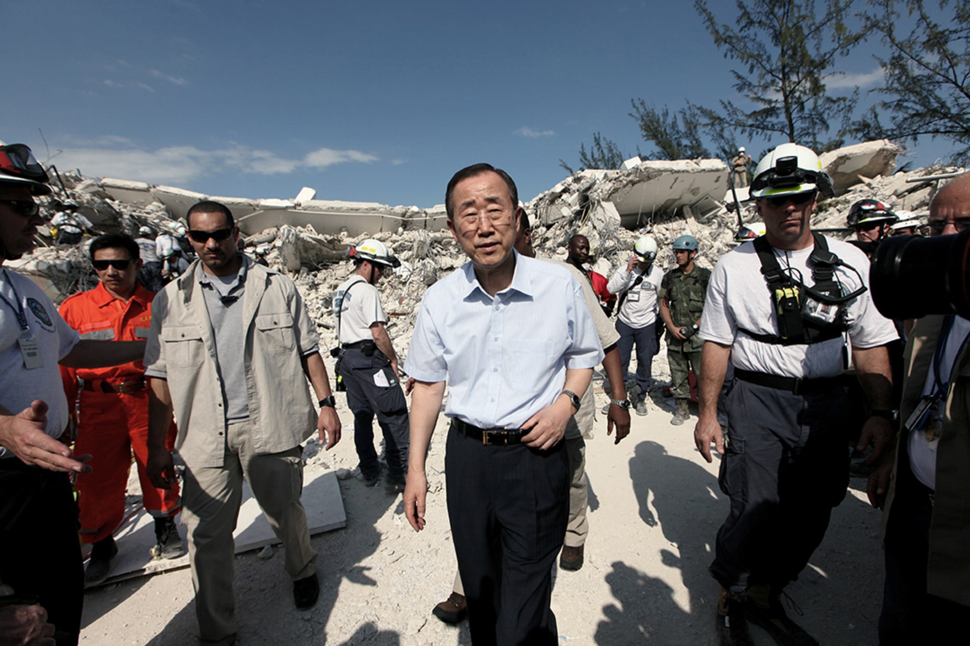 UN Secretary-General Ban Ki-moon visits the destroyed MINUSTAH headquarters in Port-au-Prince, Haiti, five days after a devastating earthquake rocked the city, January 17, 2010. Thomas Coex/AFP/Getty Images