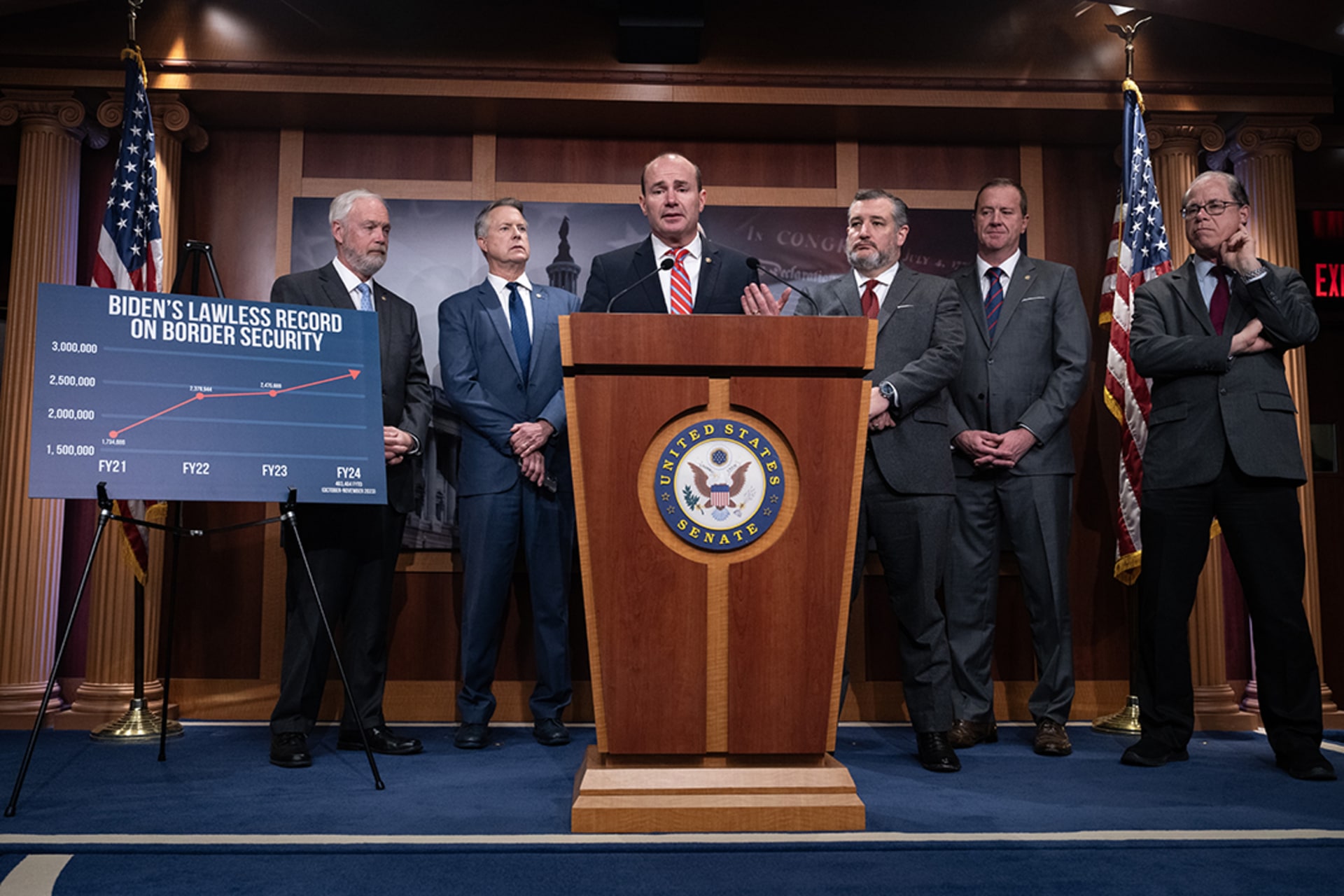 Senator Mike Lee (R-UT) discusses border security reform during a news conference with other Republican lawmakers at the U.S. Capitol. Drew Angerer/Getty Images