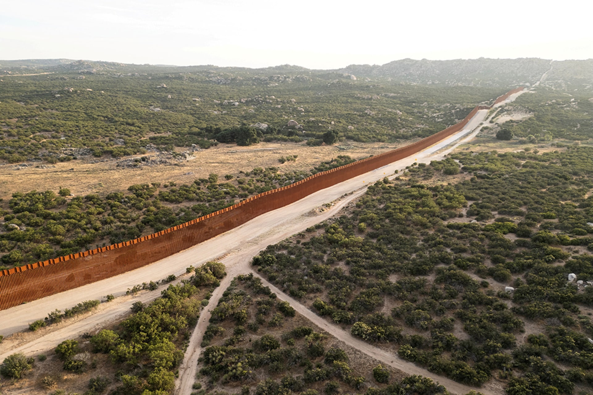 An aerial view of the wall along the U.S.-Mexico border, in Jacumba Hot Springs, California. Go Nakamura/Reuters