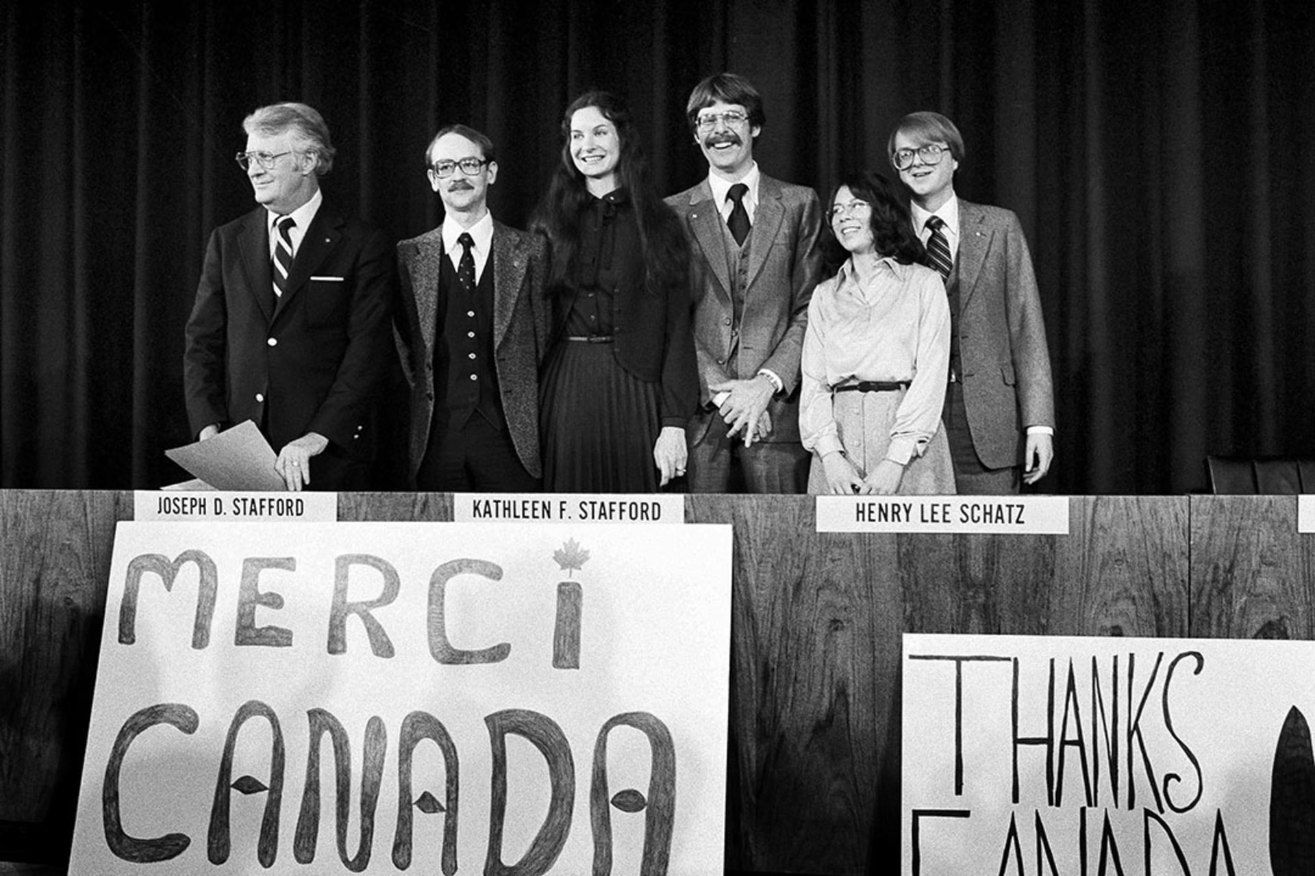 The six rescued U.S. diplomats face the press at the State Department in Washington, DC, after they are exfiltrated from Iran with Canada’s help. AP Photo