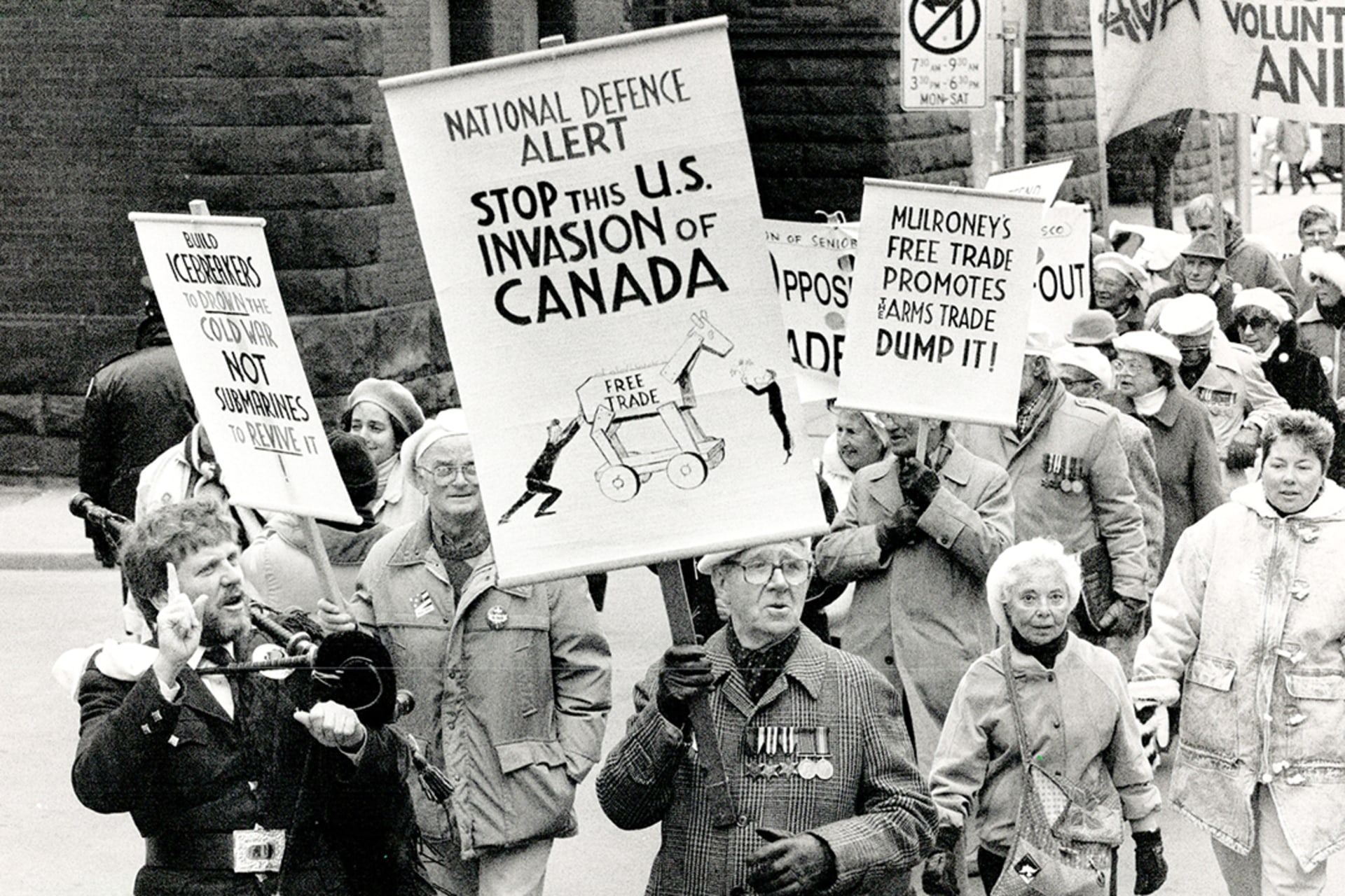 Environmentalists, free trade protesters, and peace groups demonstrate against the U.S.-Canada free trade agreement in Toronto, Canada. Ron Bull/Toronto Star/Getty Images