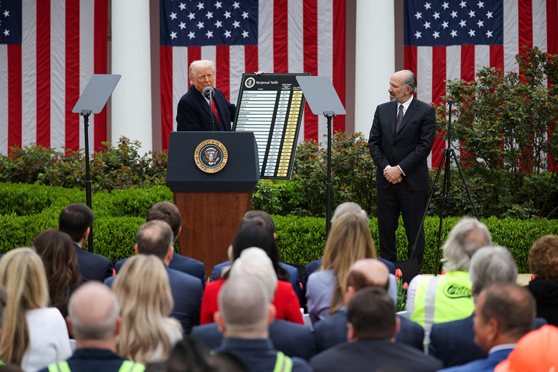 Trump unveils worldwide tariffs during remarks in the White House’s Rose Garden. Carlos Barria/Reuters