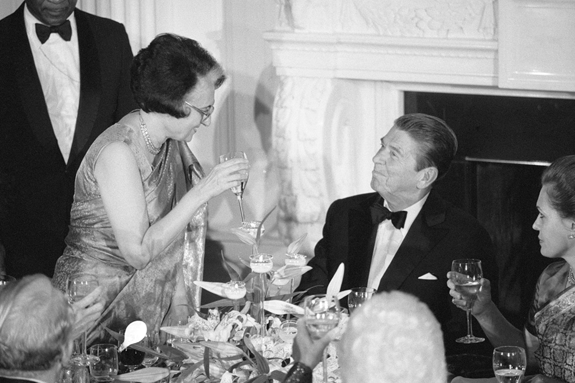 Prime Minister Gandhi toasts President Reagan during a state dinner at the White House. Bettmann/Getty Images