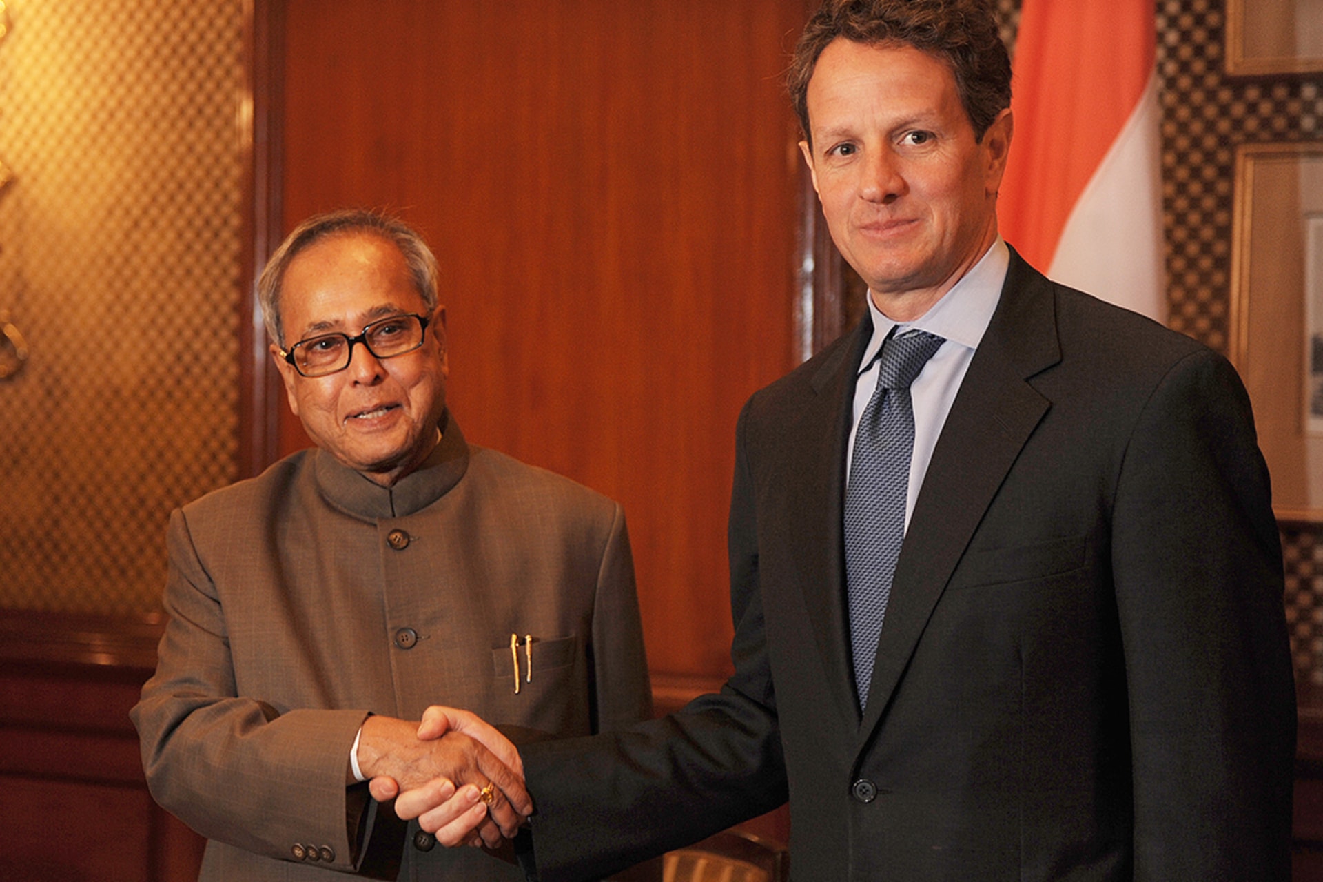Treasury Secretary Geithner and Finance Minister Mukherjee meet in New Delhi. Raveendran/AFP/Getty Images
