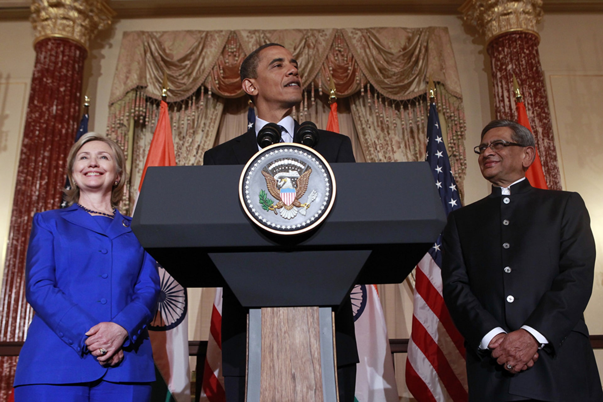 U.S. President Barack Obama speaks at the the U.S.-India Strategic Dialogue reception. Kevin Lamarque/Reuters