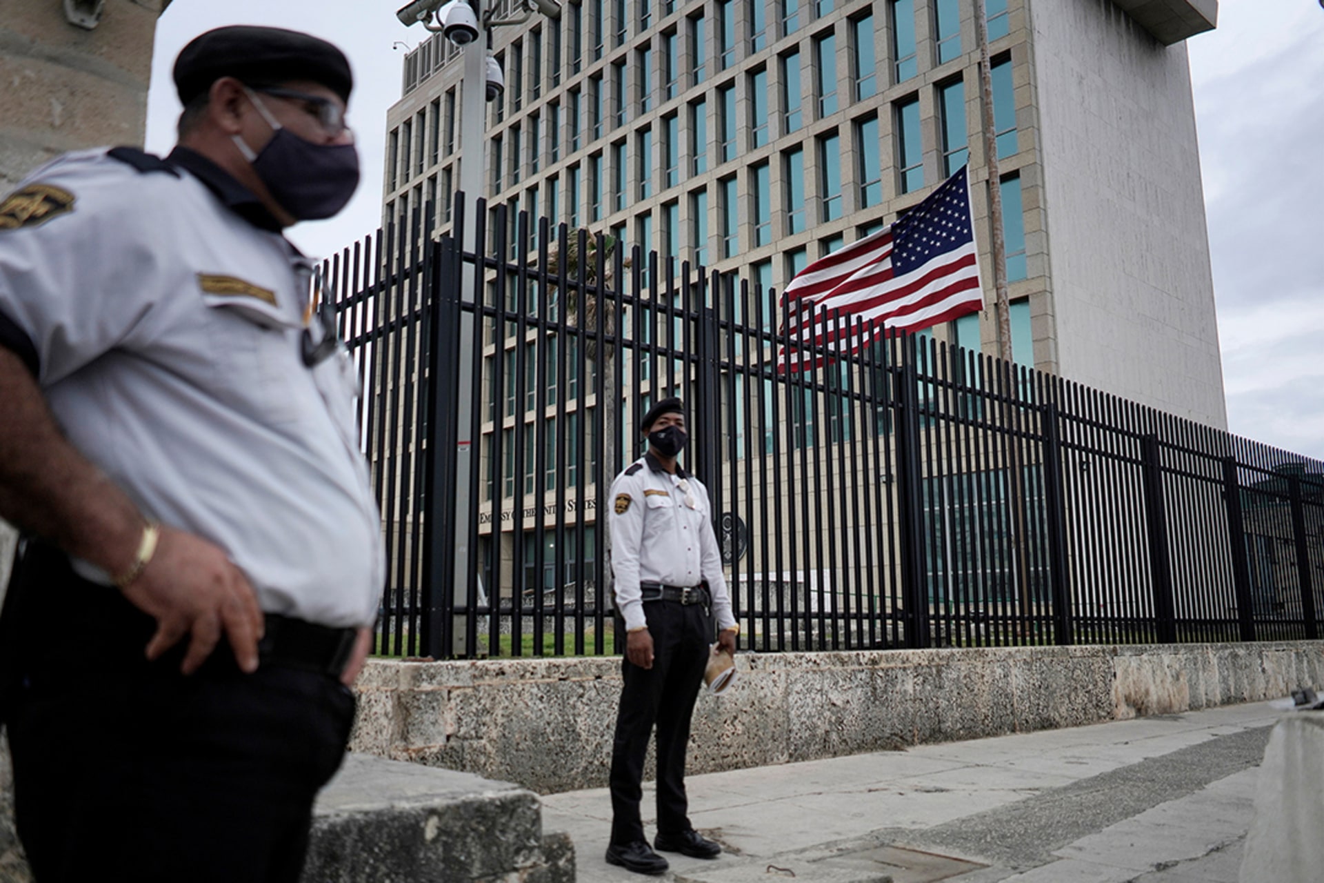 Security officers guard the U.S. Embassy Havana a day after the United States redesignated Cuba as a state sponsor of terrorism.