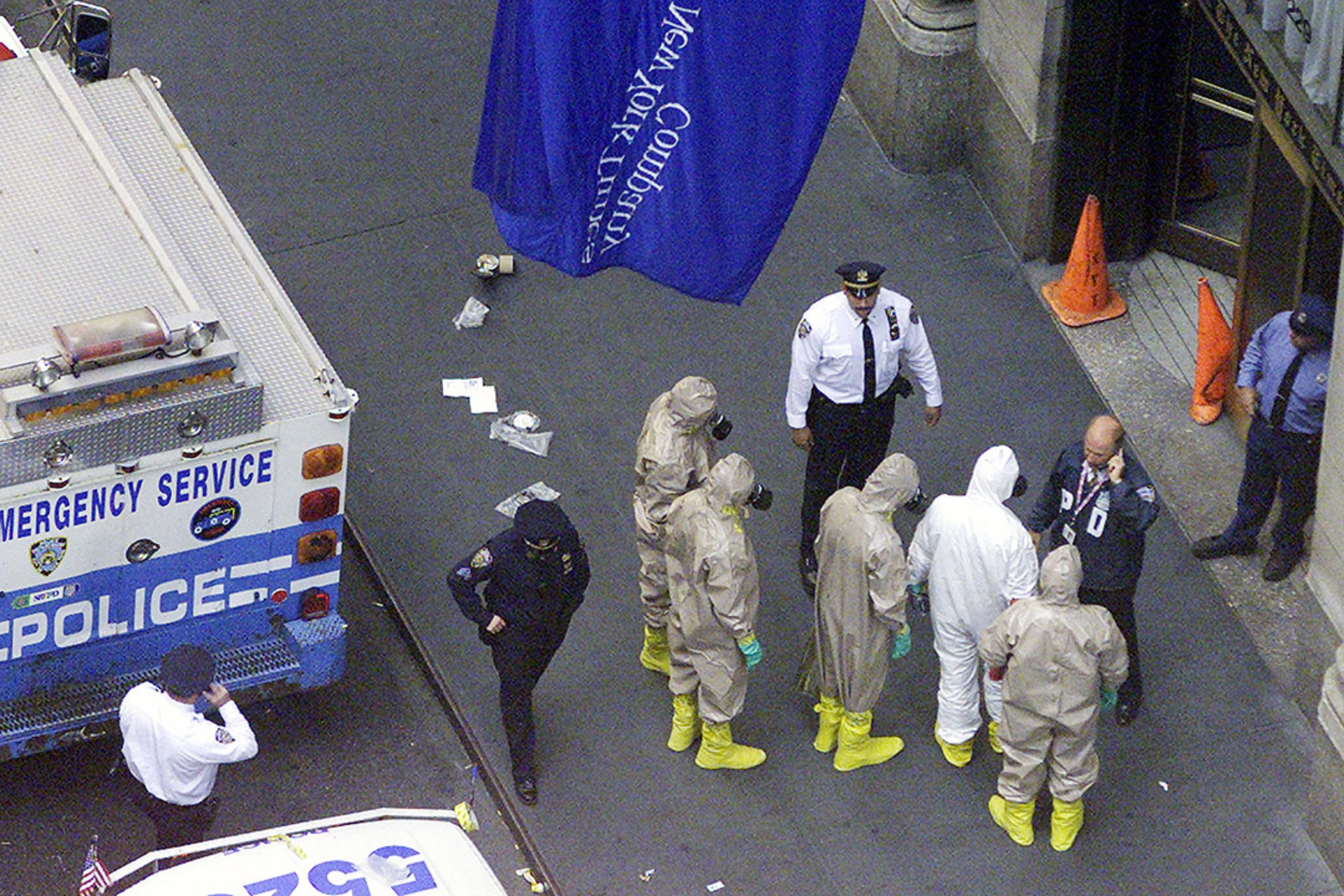Investigators in protective suits prepare to enter the New York Times headquarters in October 2001 after receiving reports of a package suspected to contain powdered anthrax. Peter Morgan/Reuters