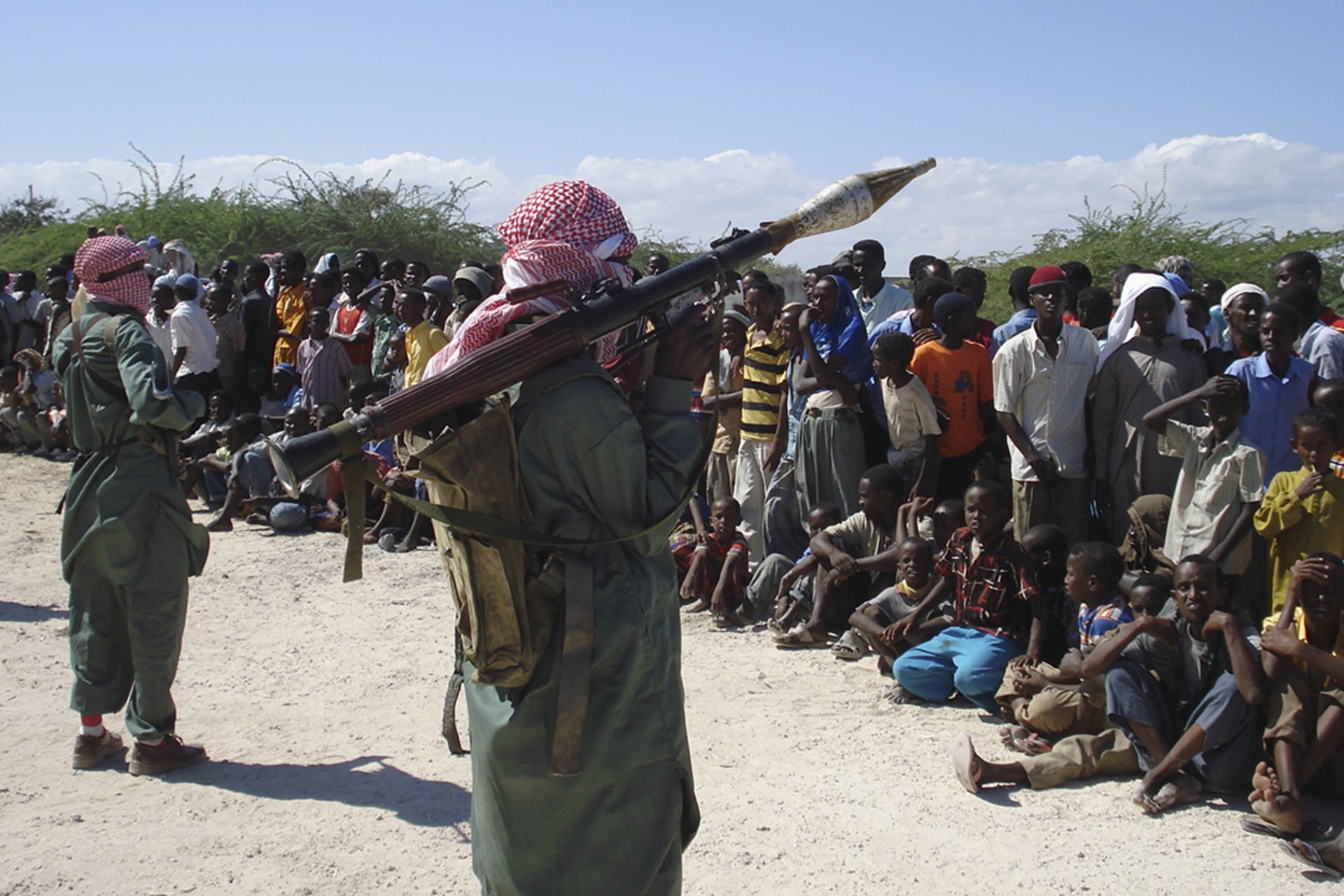 Al-Shabaab militants display weapons on the outskirts of Mogadishu. Mowlid Abdi/Reuters

