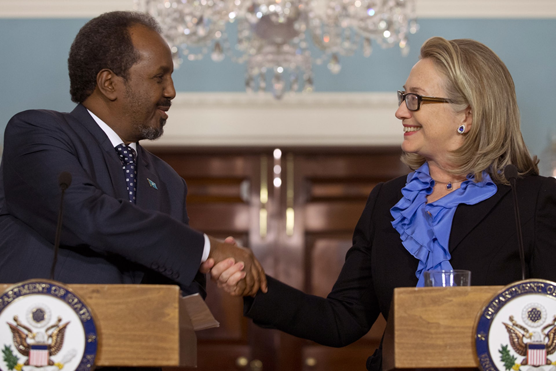 U.S. Secretary of State Hillary Clinton shakes hands with Somali President Hassan Sheikh Mohamud at the State Department. Saul Loeb/AFP/Getty Images