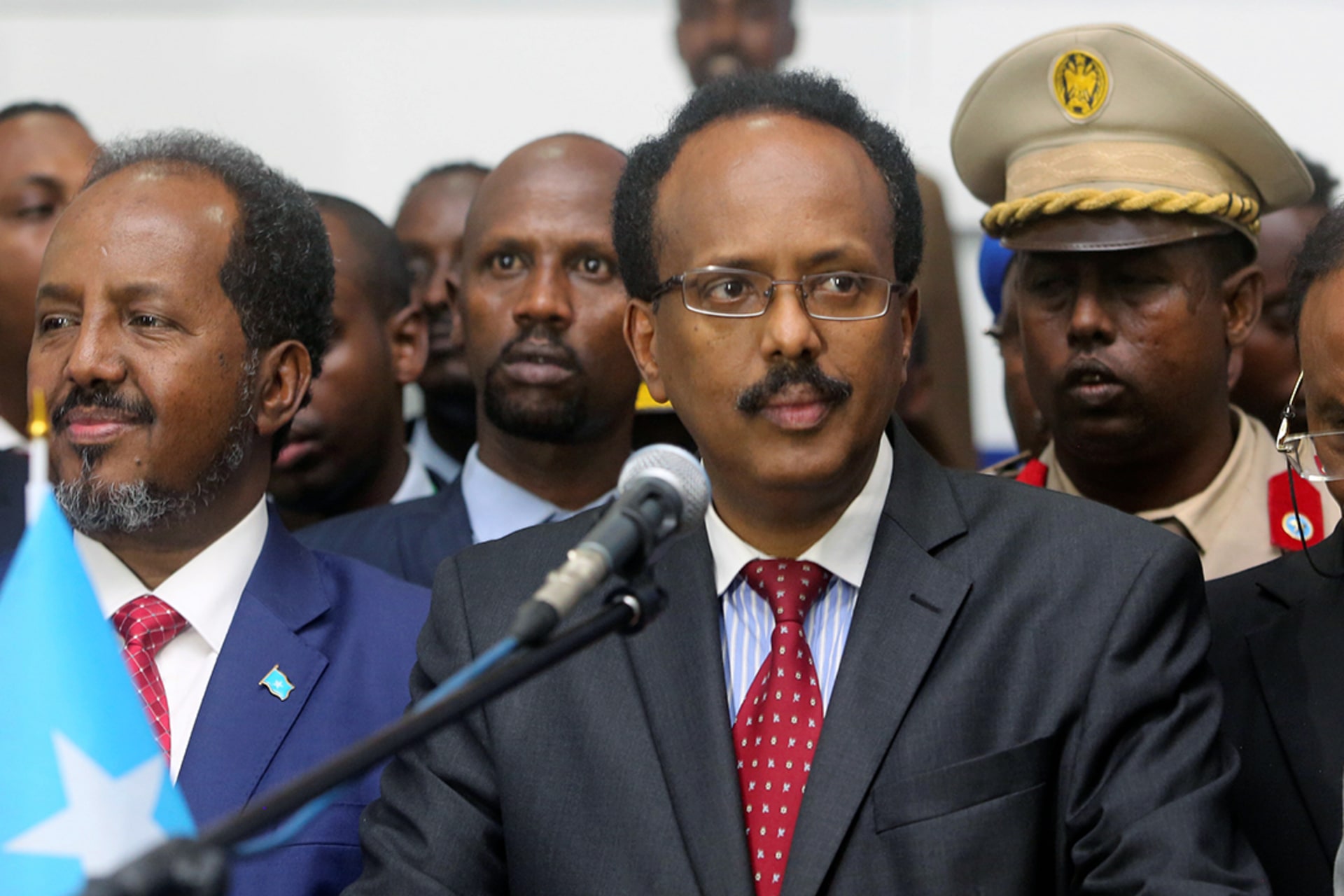 Mohamed Farmaajo addresses lawmakers after winning the presidency. Feisal Omar/Reuters
