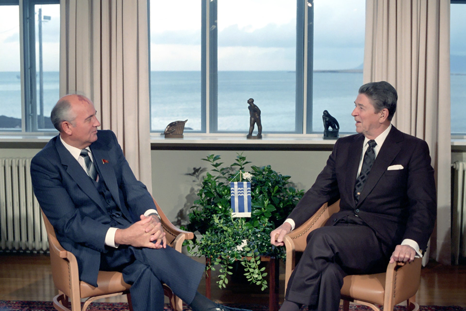 U.S. President Reagan with Soviet General Secretary Gorbachev at Hofdi House during the Reykjavik Summit in Iceland. 
