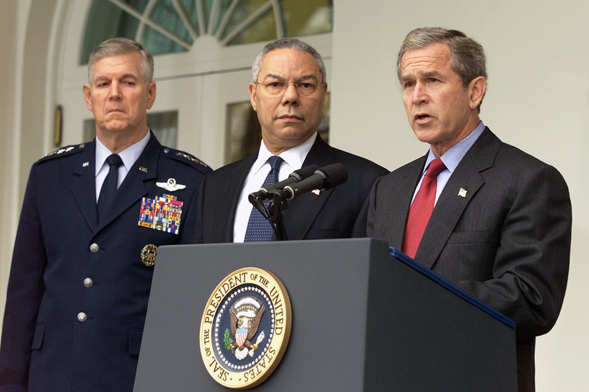 President George W. Bush announces on December 13, 2001, that the United States will withdraw from the ABM Treaty. 
