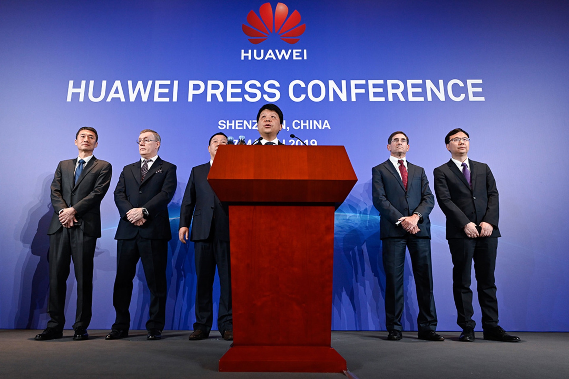 Huawei’s rotating chairman Guo Ping speaks at a press conference. 
