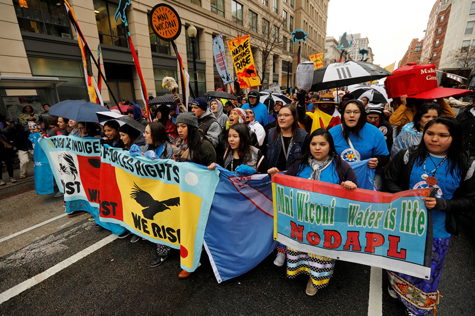 Members of the Standing Rock Sioux Tribe and Indigenous leaders participate in a March 2017 protest in Washington, DC, opposing the Dakota Access and Keystone XL pipelines.