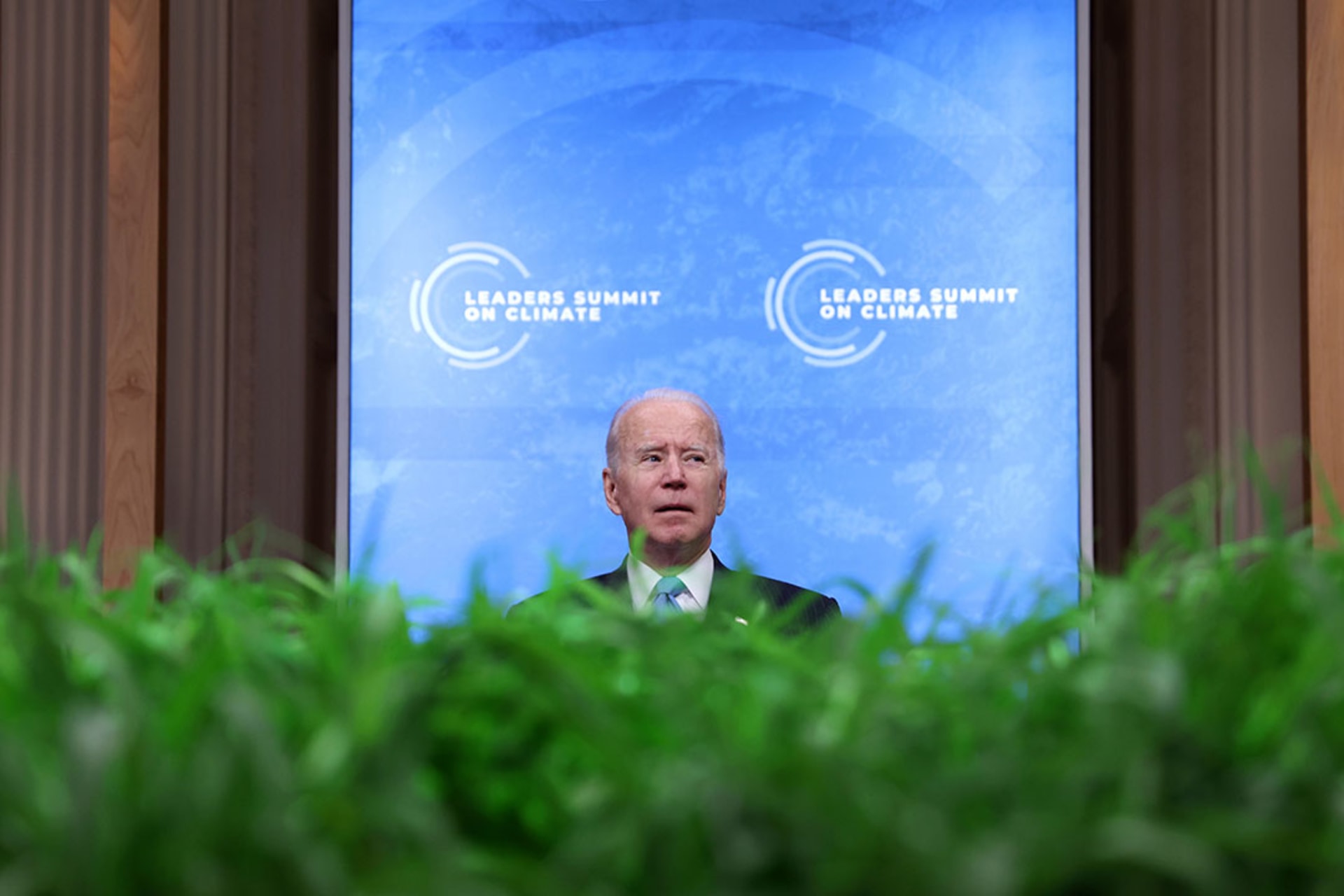 President Joe Biden addresses world leaders during a virtual climate summit in April 2021.