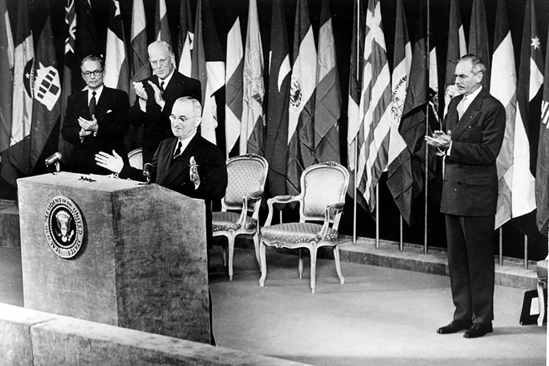 U.S. President Truman addresses the Japanese Peace Treaty Conference in San Francisco.