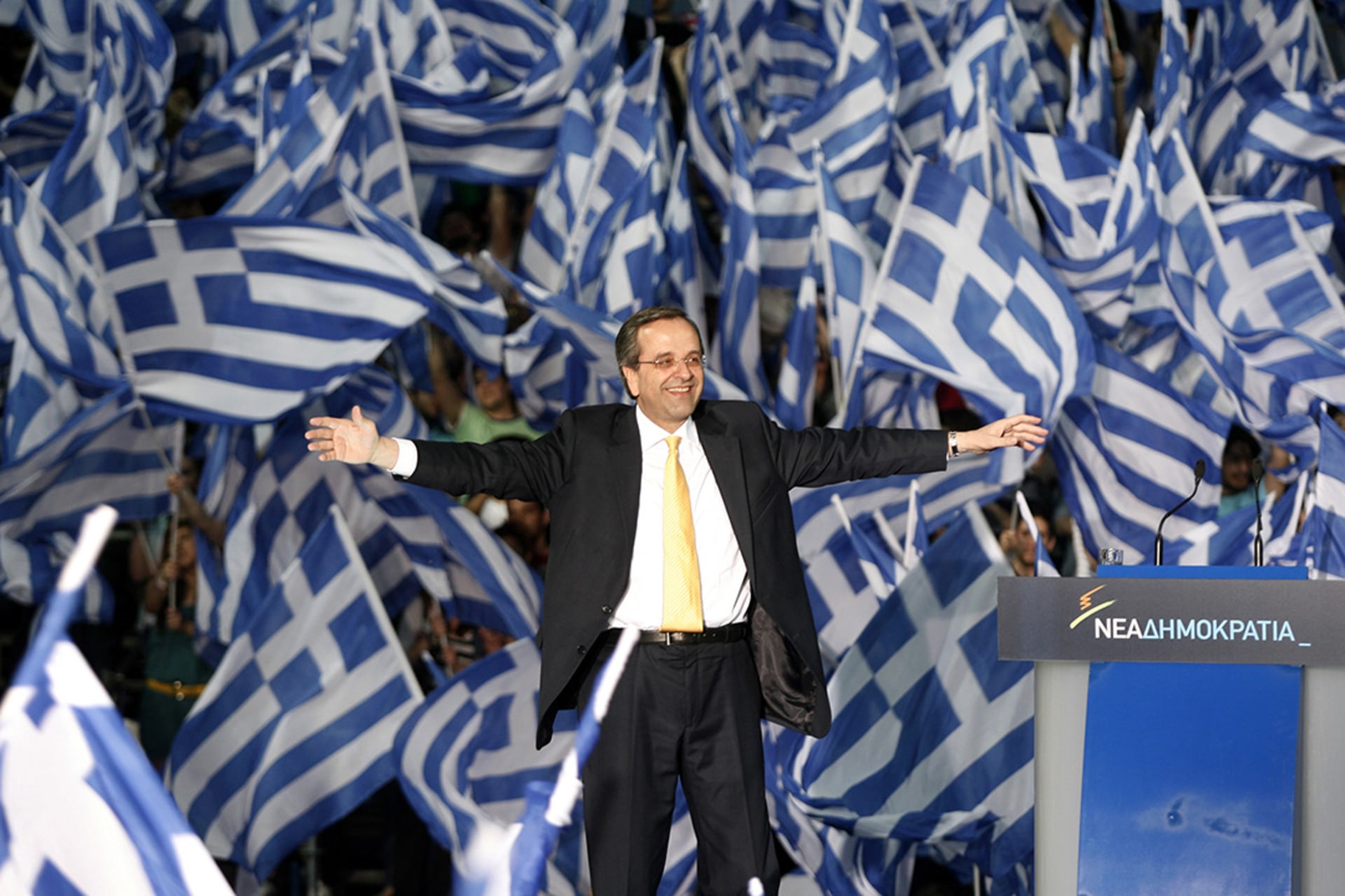 Greek conservative-party leader Antonis Samaras addresses supporters during an election rally in the town of Thessaloniki in May 2012. 
