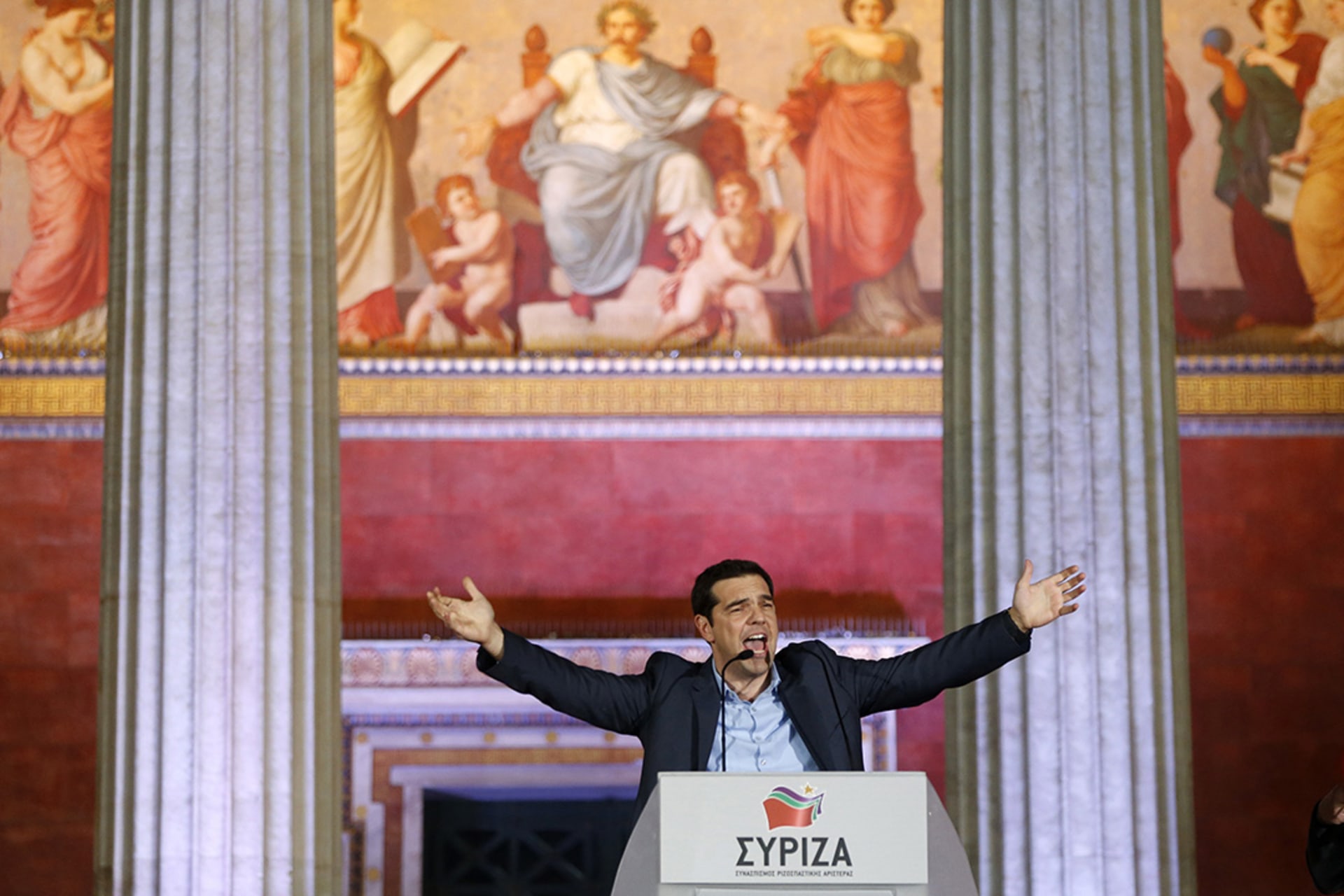 The head of the left-wing Syriza party, Alexis Tsipras, addresses supporters after his party’s victory in January 2015 elections. 
