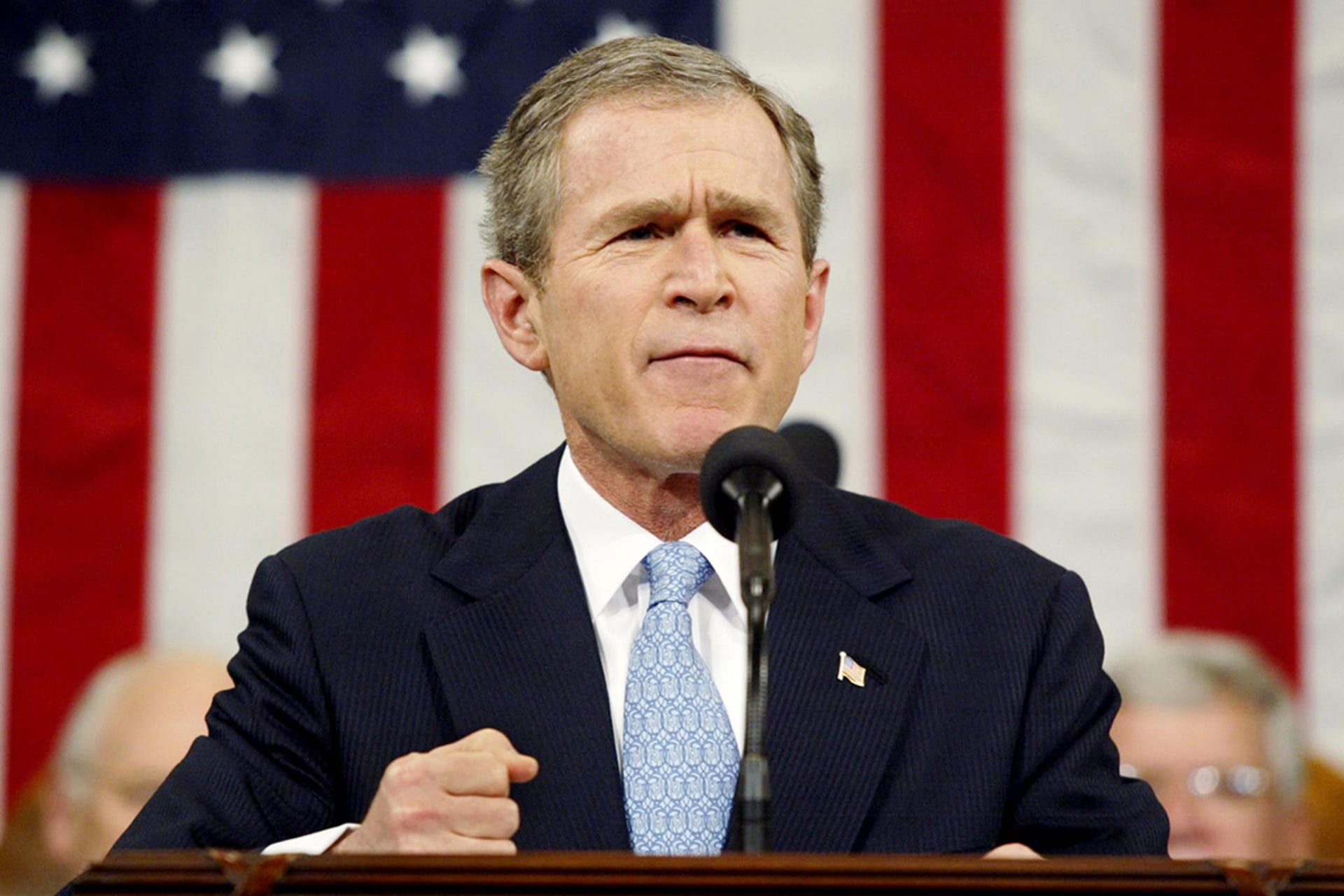U.S. President George W. Bush delivers his first State of the Union address.