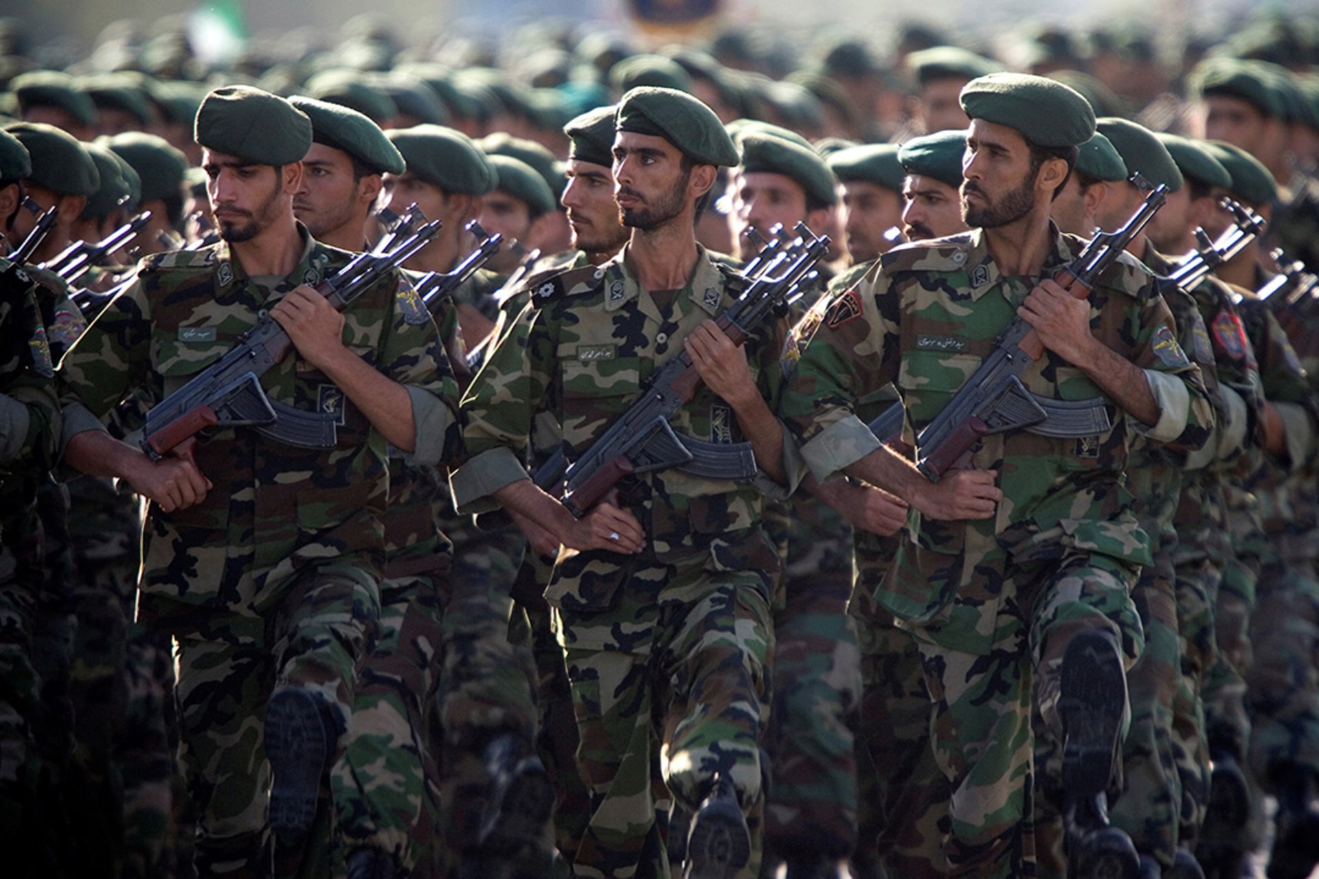 Members of Iran’s Islamic Revolutionary Guard Corps march in a military parade in Tehran.