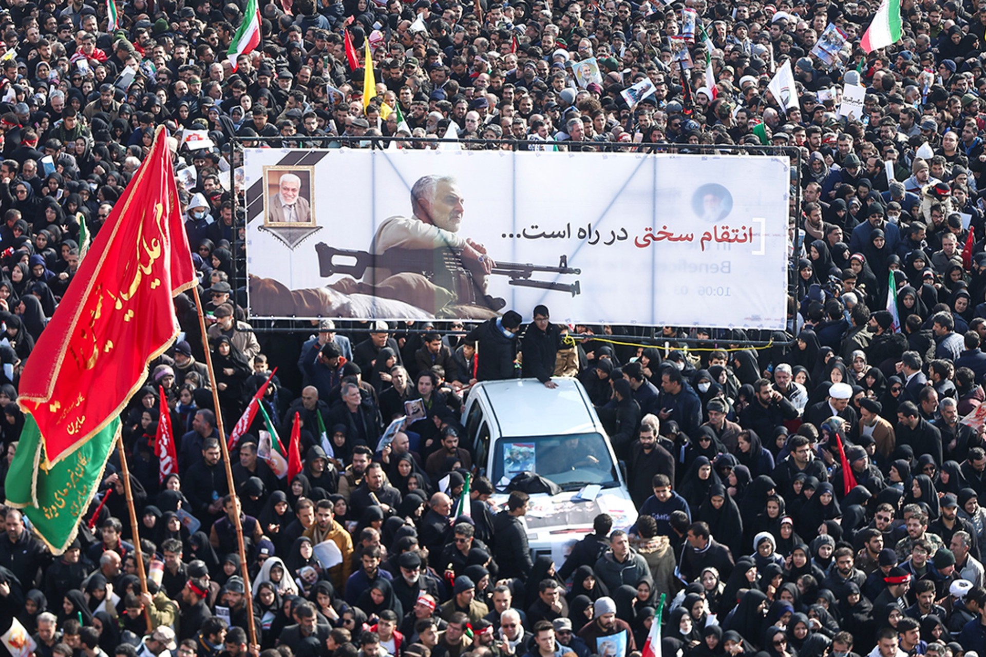 Iranians attend a funeral procession for Iranian commander Qasem Soleimani and Iraqi militia leader Abu Mahdi al-Muhandis, both killed in a U.S. air strike in Baghdad.