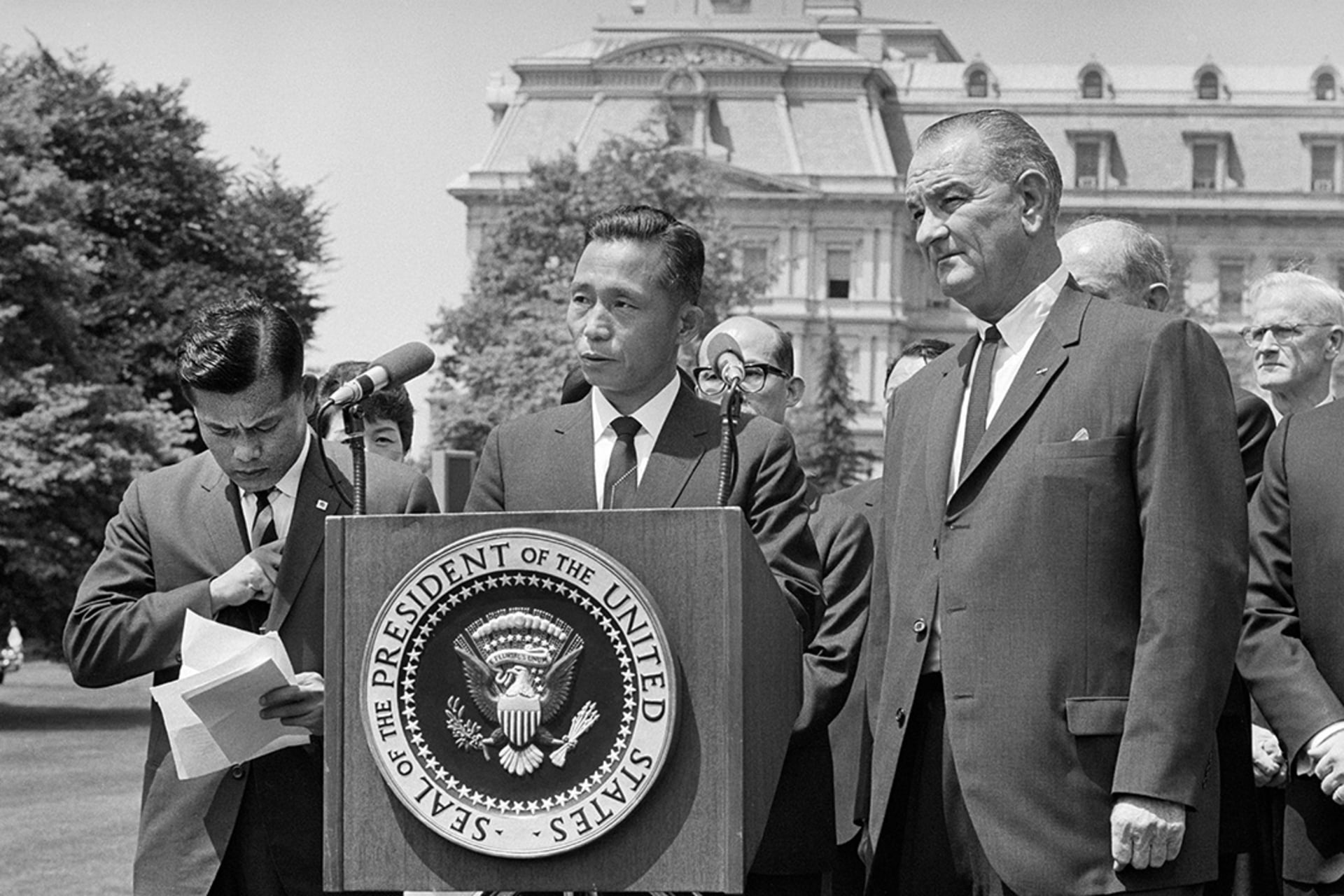 South Korean President Park Chung-hee stands on a podium next to U.S. President Lyndon B. Johnson in Washington, DC, on May 17, 1965. Universal History Archive/Getty Images