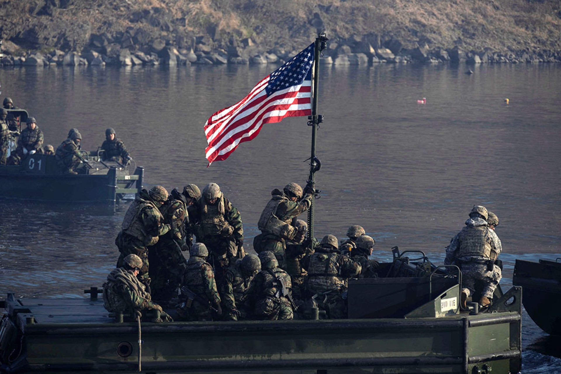 U.S. soldiers participate in the joint river-crossing exercise conducted in Yeoncheon, South Korea, March 20, 2024. Jeon Heon-Kyun/Reuters