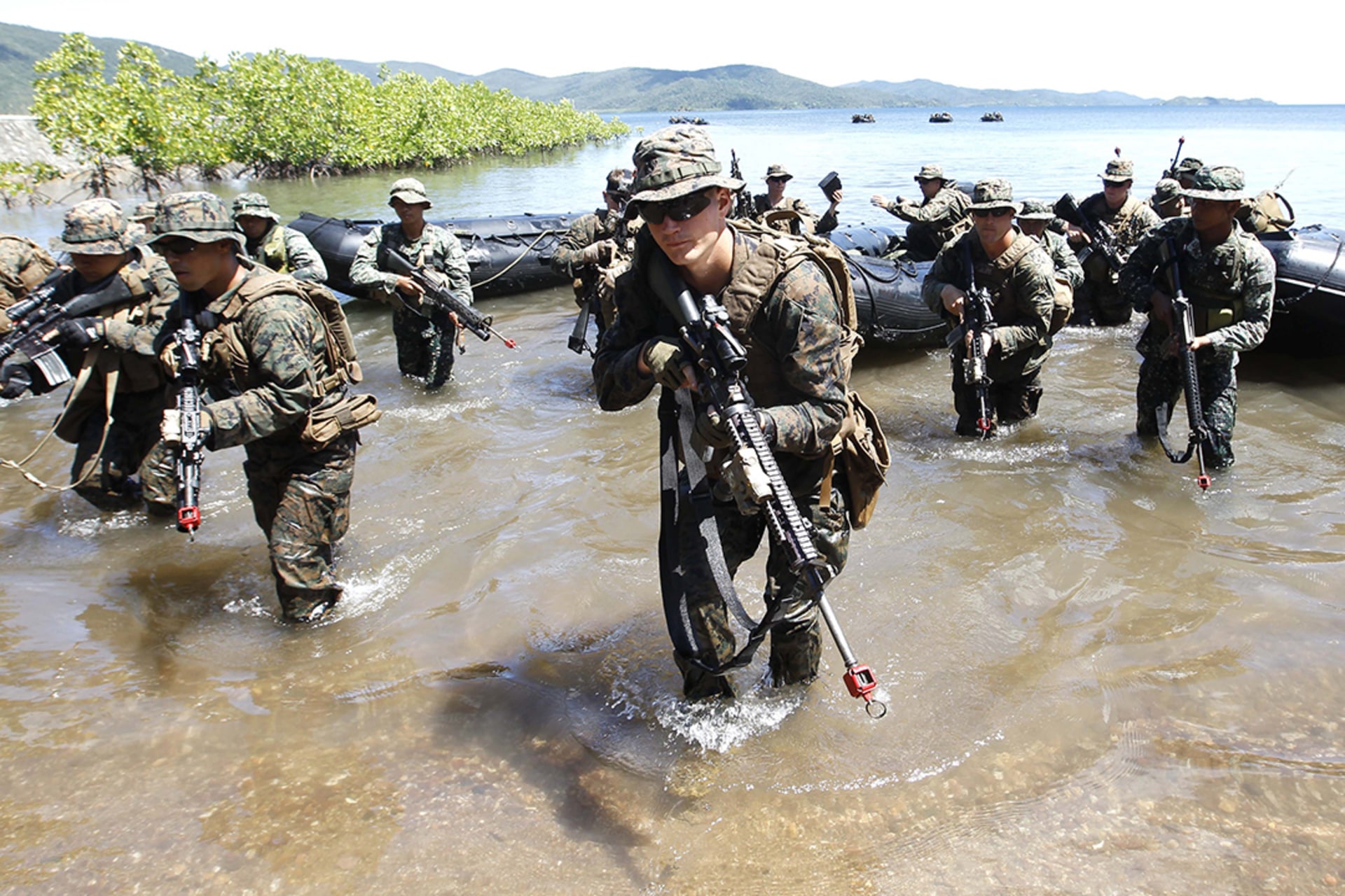 Philippine and U.S. marines conduct a joint military drill in Palawan Province, facing the South China Sea, on April 25, 2012. Dennis M. Sabangan/EPA/Corbis