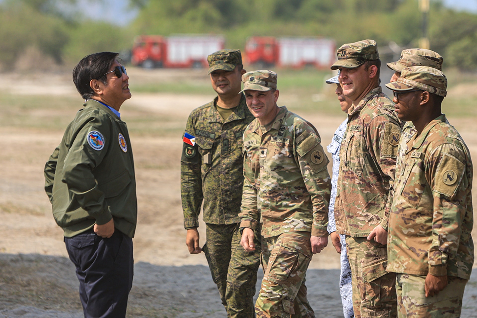 Philippine President Ferdinand Marcos Jr. meets with Philippine and American soldiers at a naval base in San Miguel, Zambales, Philippines. Ceng Shou Yi/ NurPhoto/Getty Images