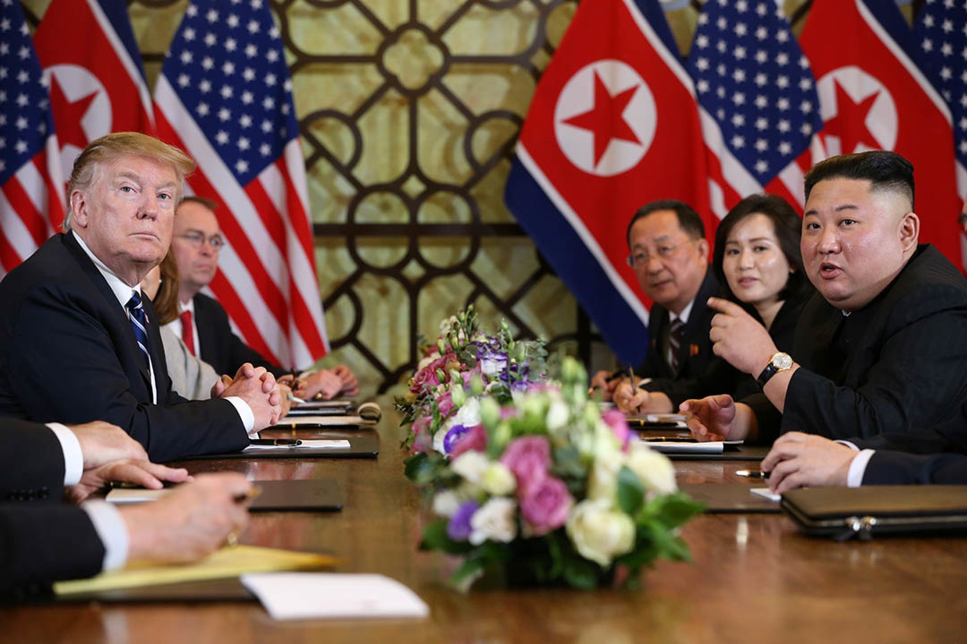 Trump and Kim speak during their second summit in Hanoi. Leah Millis/Reuters